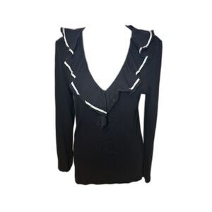 Lauren Ralph Lauren black long-sleeved top with a white-trimmed ruffled V-neck
